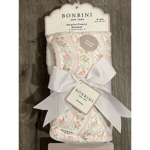 BONBINI Muslin Fleece Baby Blanket Pink Tiny Flowers Reversible To Faux Fur New